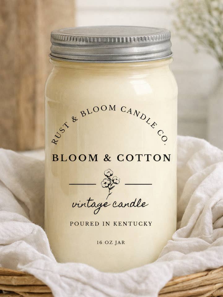 Bloom & Cotton 16 Oz Soy Candle for wholesale by Rust & Bloom Candle Co