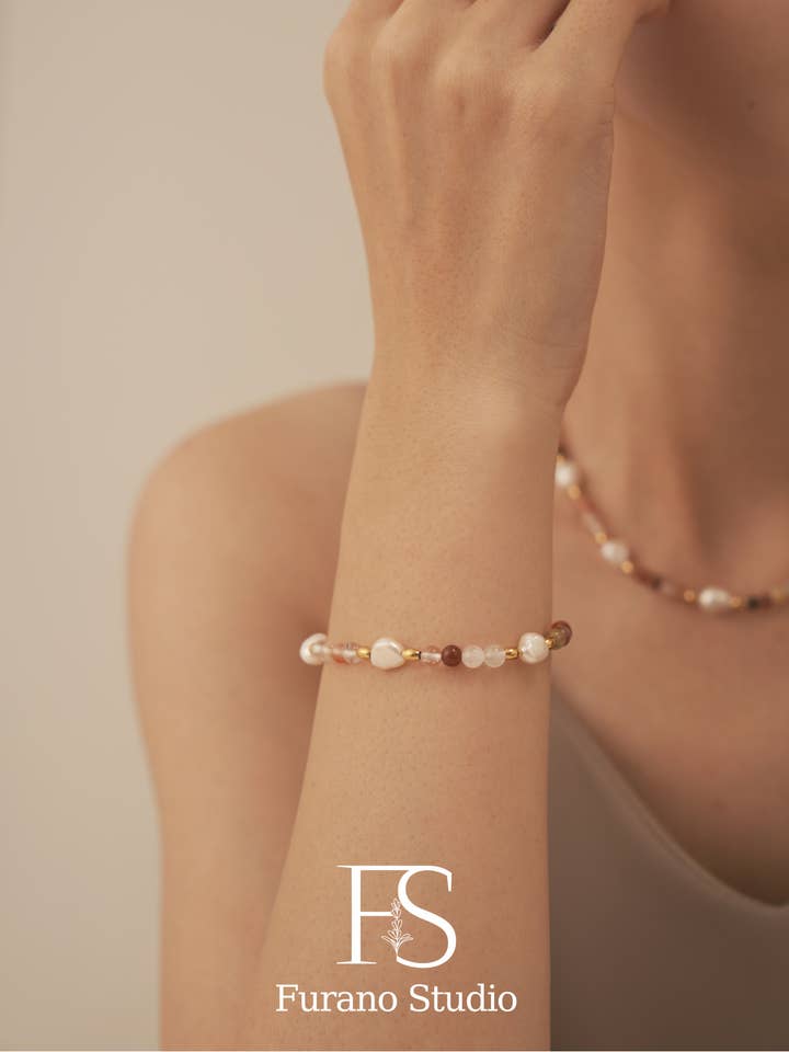 Gold Rainbow Beaded Bracelet, Pink Agate Gemstone Bracelet for wholesale by Furano Studio