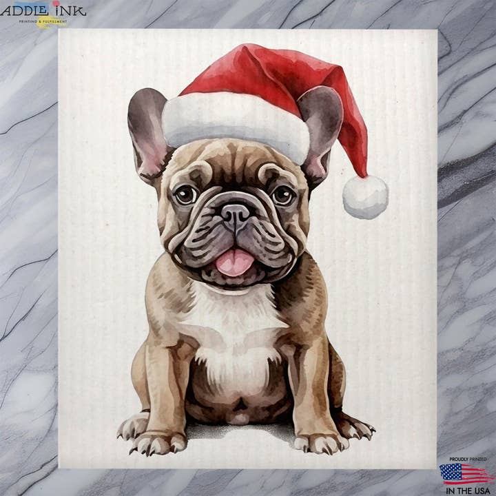 Frenchie Santa Claus Funny Dog Christmas Dishcloth for wholesale by ADDLE iNK