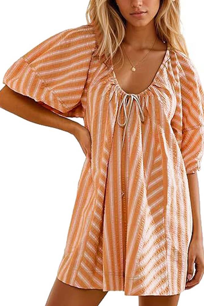 UNISHE - Wholesale Romper - Women's - Striped U Neck Front Tie Loose Romper ZK17018