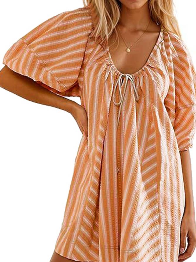 UNISHE - Wholesale Romper - Women's - Striped U Neck Front Tie Loose Romper ZK17018