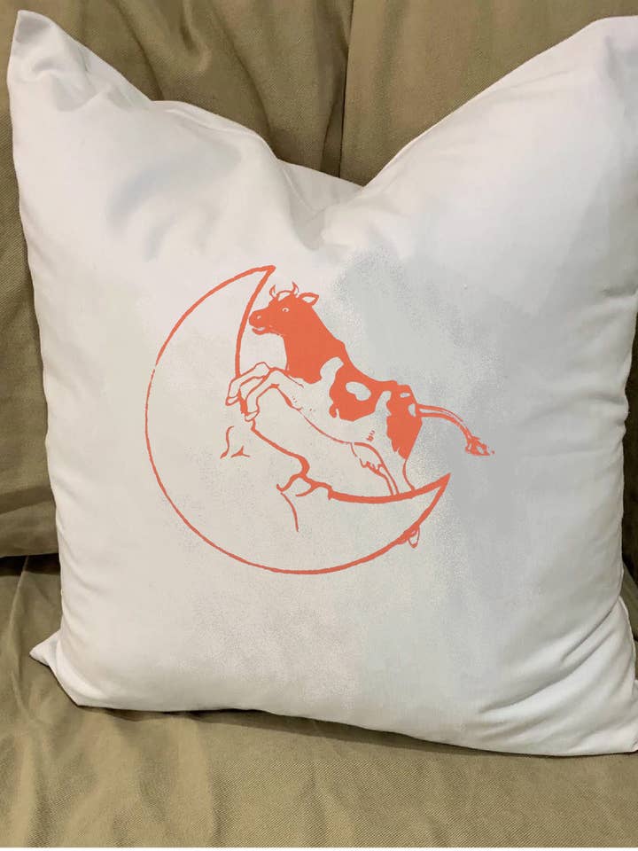 The Cow Jumped Over The Moon Pillow With Feather Insert for wholesale by Monique Perry Art