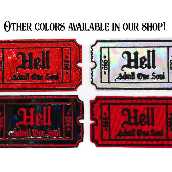 Project Pinup – Großhandel Aufnäher – Gothic-Patch „Holo Hell Admit One Soul 666“, glitzernd, rot4