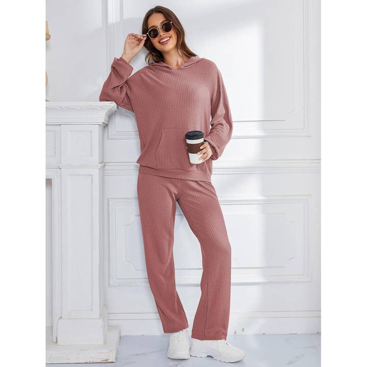 Blue Elara Hooded Casual Suit Women Pajamas Waffle Loose for wholesale on Faire