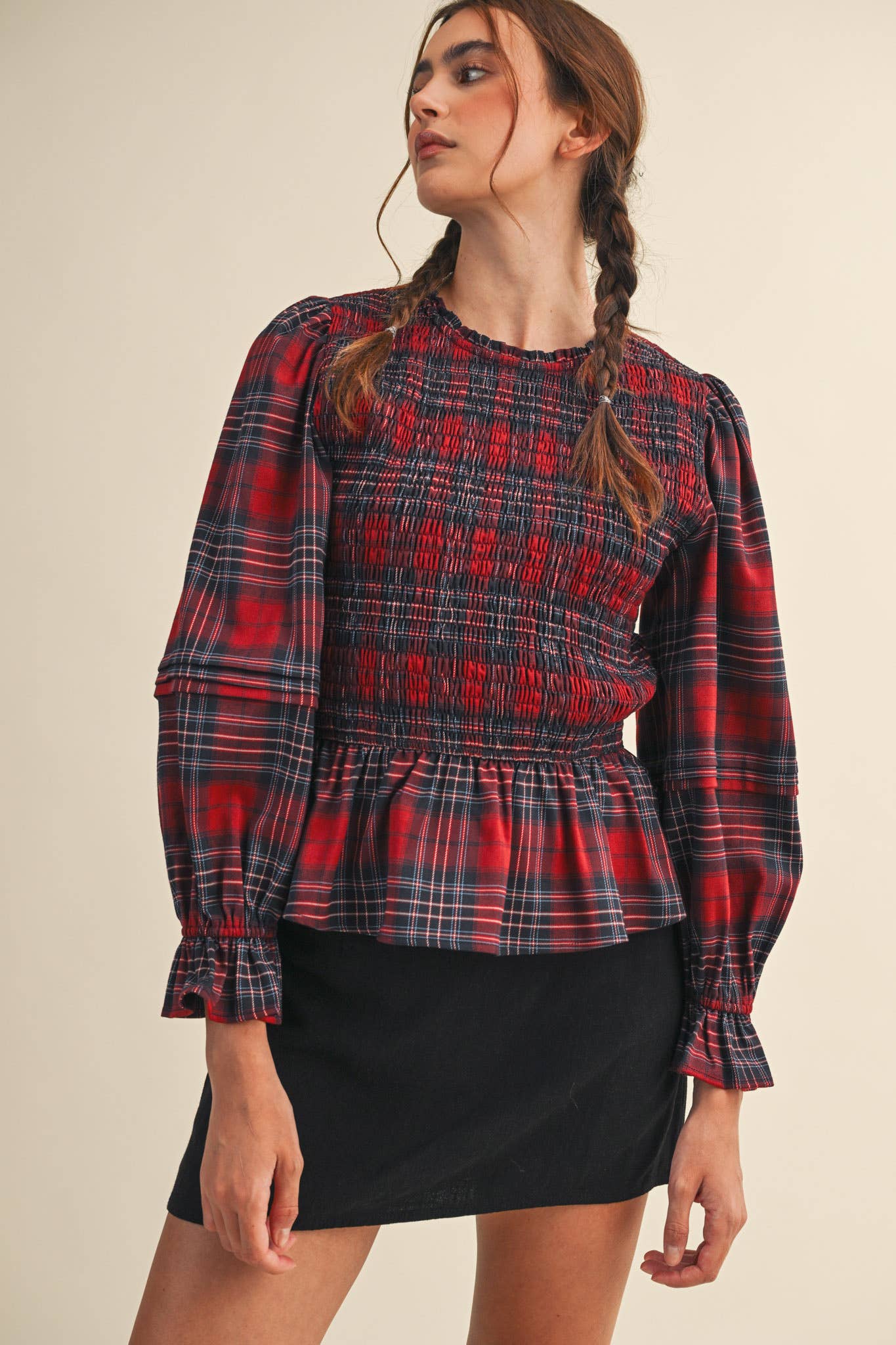 SMOCKED PLAID PUFF SLEEVE PEPLUM TOP MTP4192 for wholesale on Faire10