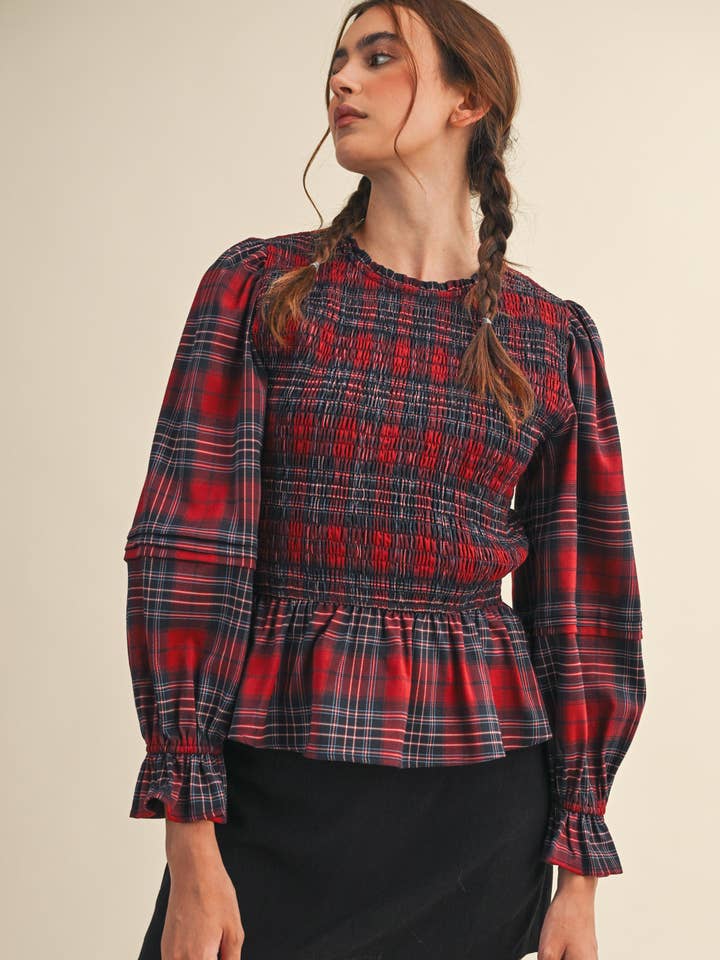 SMOCKED PLAID PUFF SLEEVE PEPLUM TOP MTP4192 for wholesale on Faire10