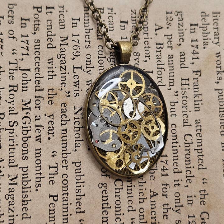 The Seedy Merchant - Wholesale Pendant/Charm Necklace - Steampunk Bronze Oval Necklace Upcycled Watch Parts Gears