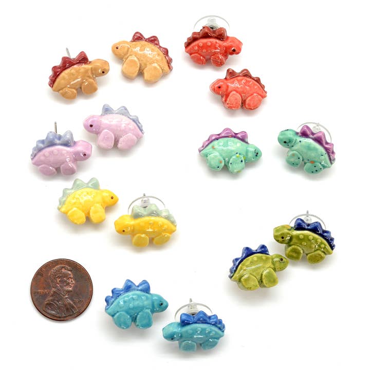 Handmade Ceramic Dinosaur Stud Earrings - Assorted Colors for wholesale by Dunitz & Company