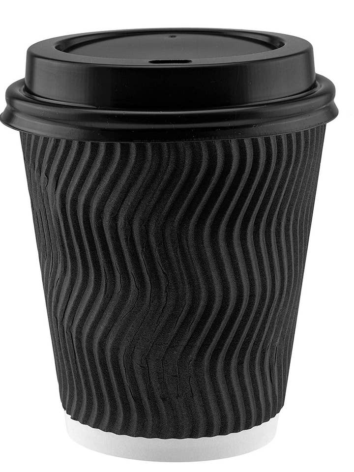 NYHI 100Pc Black Disposable Paper Cups with Black Lids and Straw(8oz) for wholesale by singleware