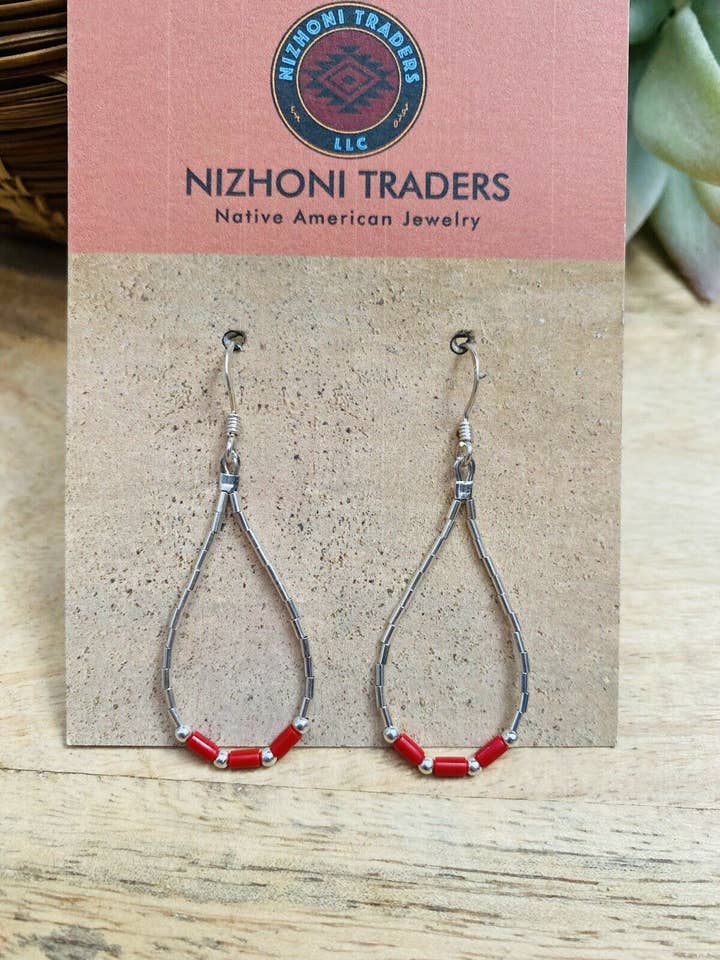 Navajo Sterling Liquid Silver & Coral Beaded Dangle Earrings for wholesale by Nizhonitradersllc