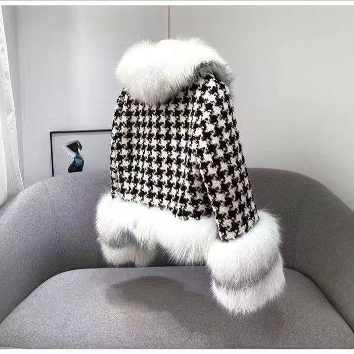Productseeker – Casaco de pele/imitação de pele - Mulher por atacado – JK101Y Chic Houndstooth Casaco de Pele Faux - Curto e Estiloso4