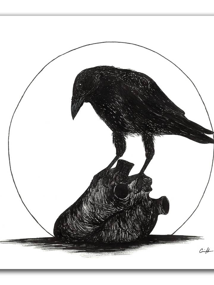 Illustration de corbeau sur cœur, impression d'art gothique pour la vente par Carrie Anne Hudson Art