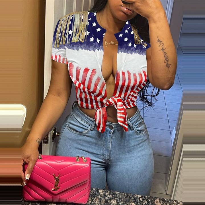 MB Fashion Wholesale - Wholesale Blouse - Women's - MB FASHION Patriotic Tie Front Crop Fringe Sleeves 2017LY