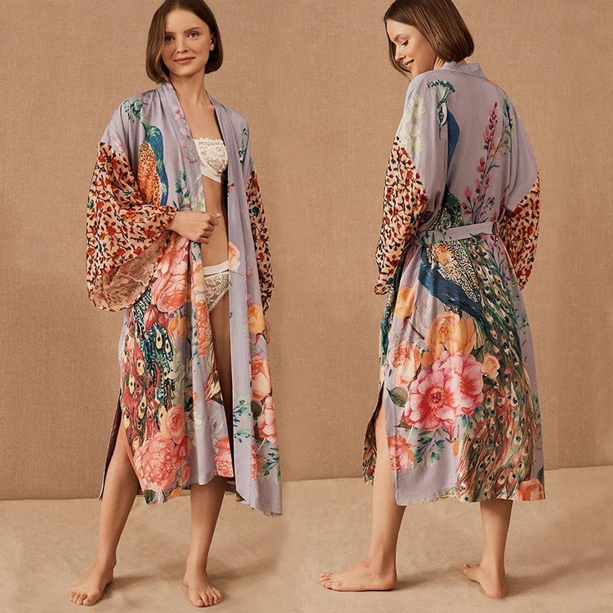 Purple Peacock Print Resort Sun Protection Beach Cardigan_CWMM6305 for wholesale on Faire1