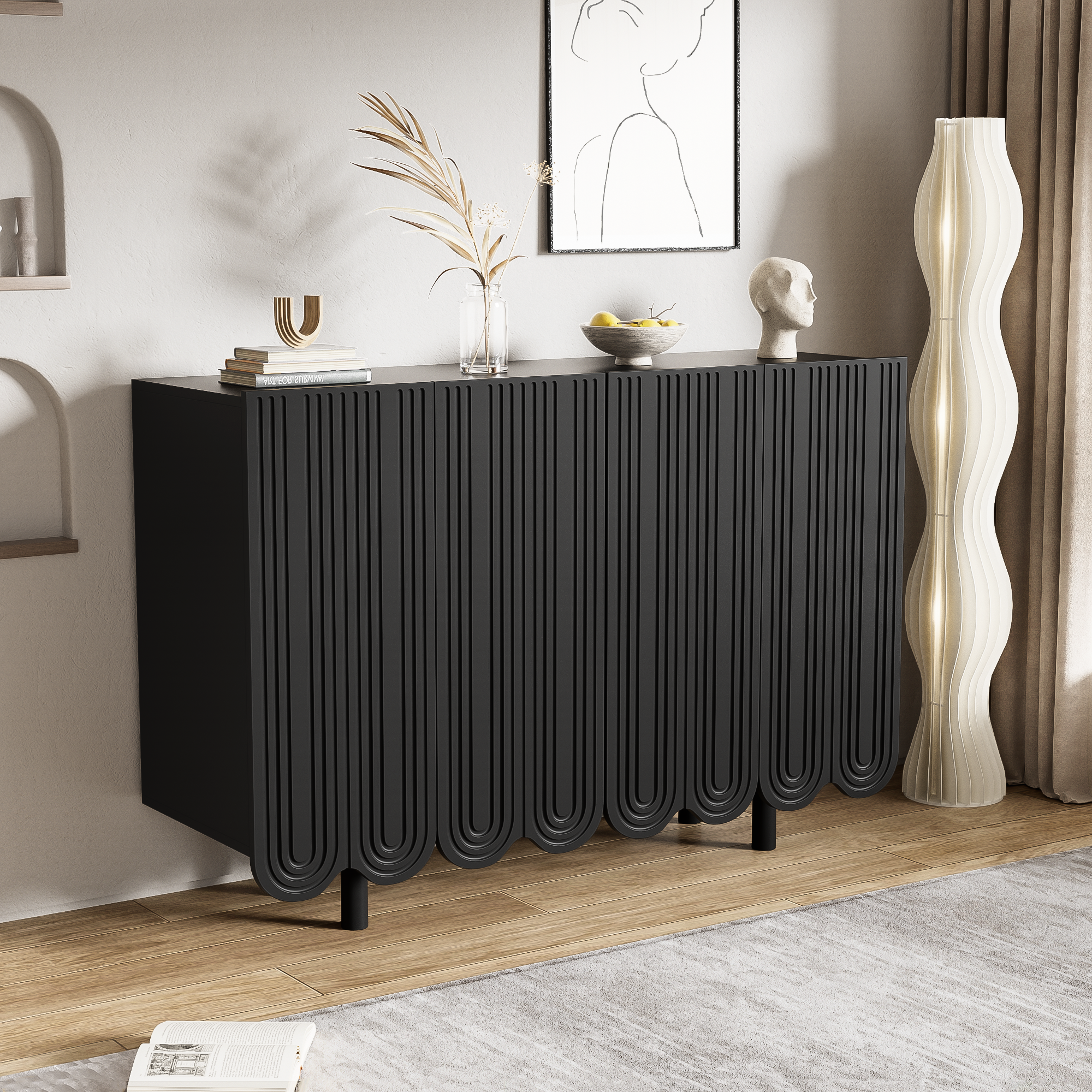 Urban Meuble - Wholesale Sideboard - Black buffet with 4 doors, pattern, and storage 120*37.5*80.8 cm EVRENS BLACK3