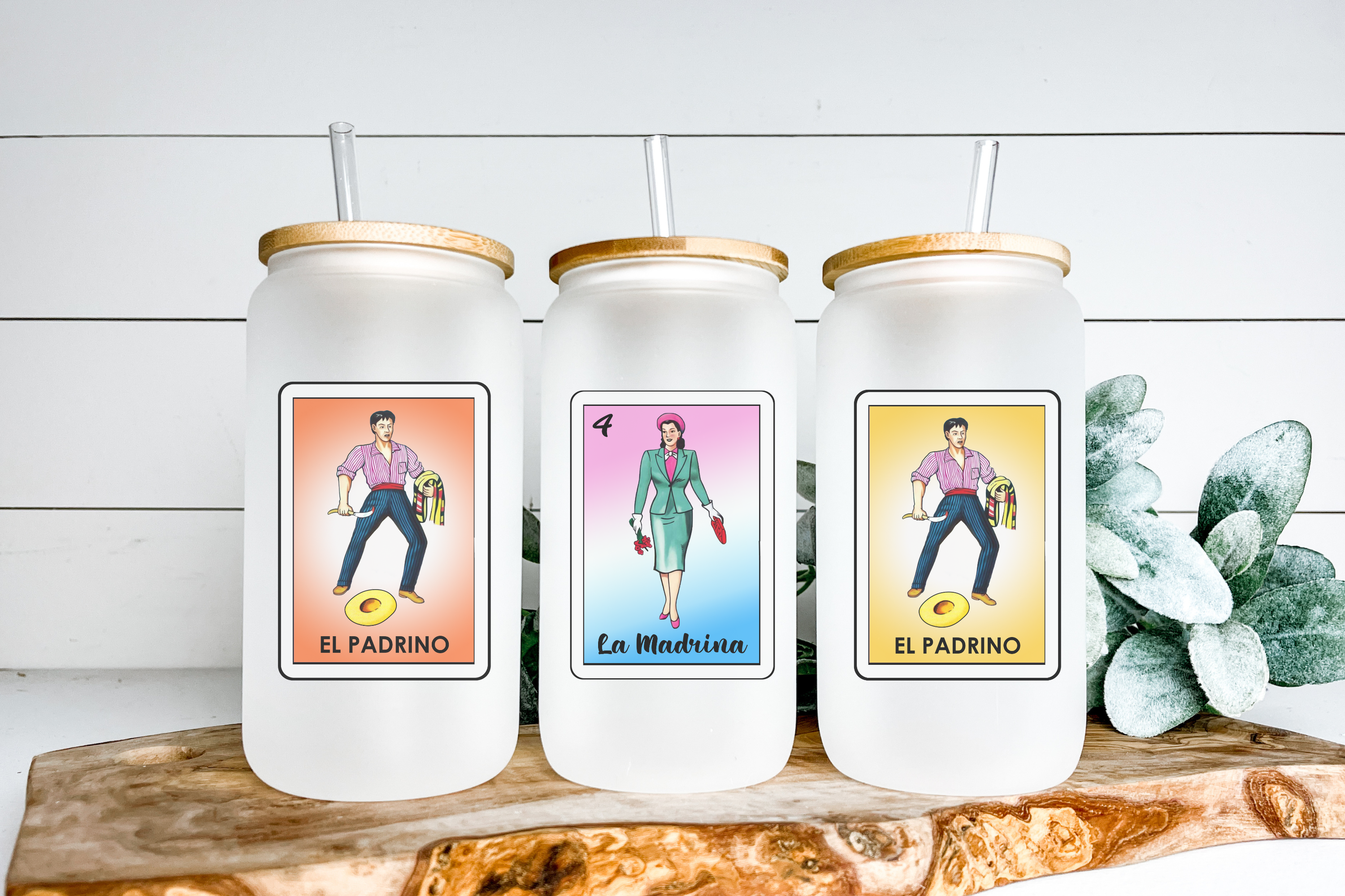 Designs & Crafts By Mo - Wholesale Drinking Glass/Cup - Loteria El Padrino, Loteria La Madrina, Bautizo 16oz1