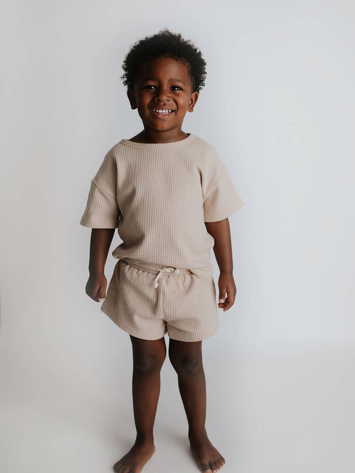 Three Little Tots - Wholesale Top & Short Set - Kids - Tan Summer Waffle Toddler Top & Bottom Set