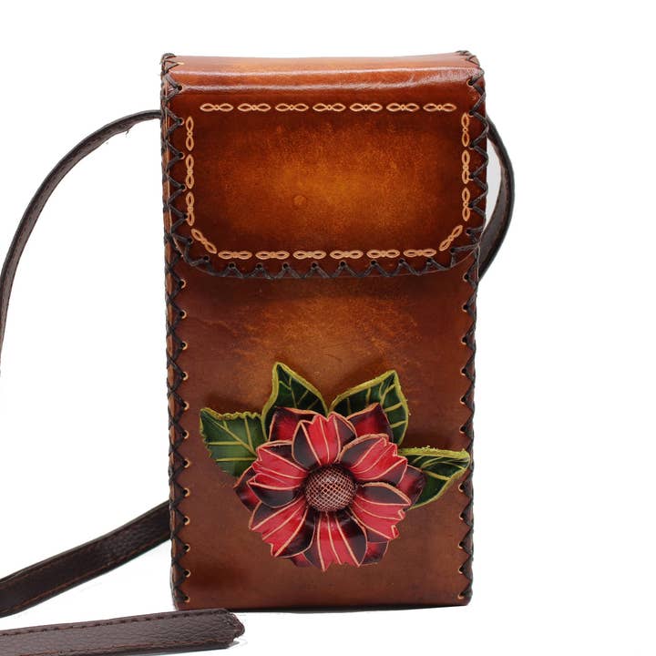 3D Flower Handmade Leather Purse/Cell Phone Case for wholesale by Sunflower Handmade leather inc