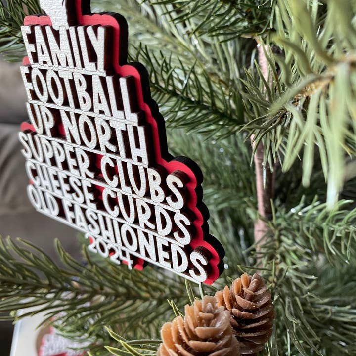 Novotny Designs - Wholesale Ornament - Wisconsin tree-shaped favorite things ornament - red