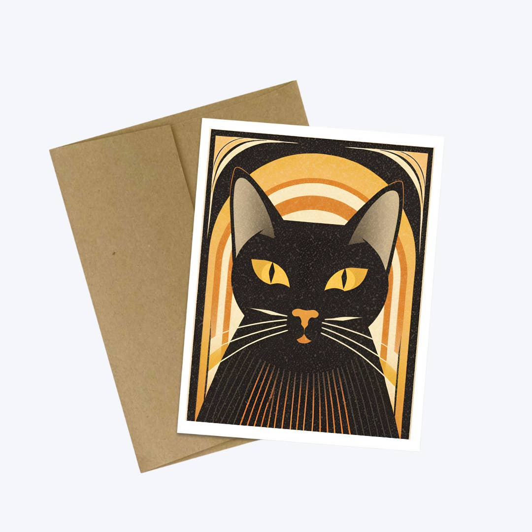 Cryptic Paper Co. - Wholesale Halloween Card - Art Deco Orange and Black Halloween Black Cat Card