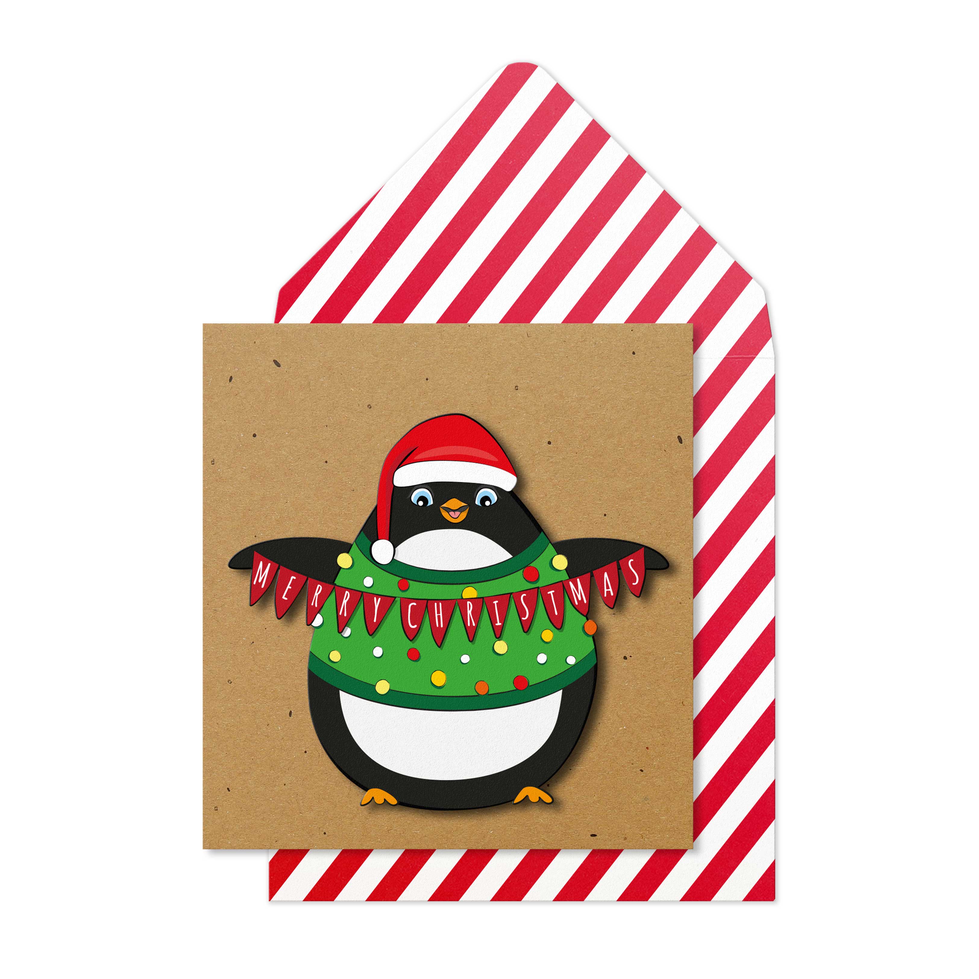 Tache - Wholesale Christmas Card - Merry Christmas Bunting Penguin, Handmade Greeting Card0