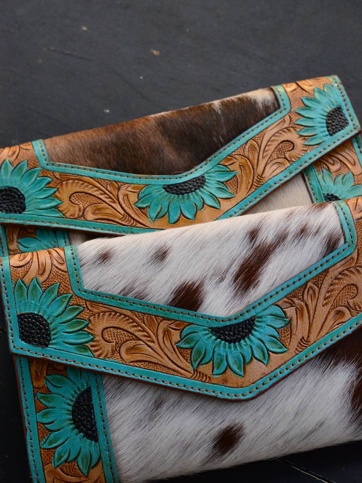 Tooled turquoise sunflower wallet for wholesale by FRINGE & LUXE