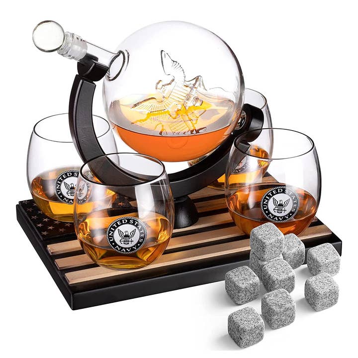 Navy Globe Whiskey Decanter Set with 4 Liquor Glasses for wholesale by The Wine Savant / Khen Glassware