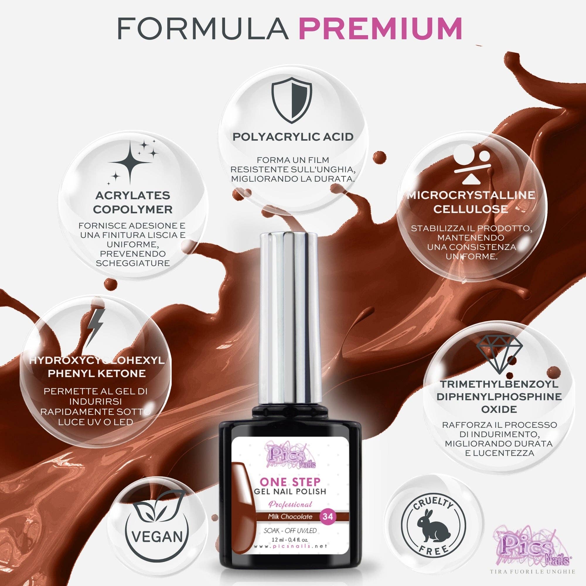 Pics Nails - Wholesale Nail Polish - Semipermanent nail polish One Step Milk Chocolate 34 - 12 ml | Semipermanent 3in1 UV/LED Ultra Glossy3