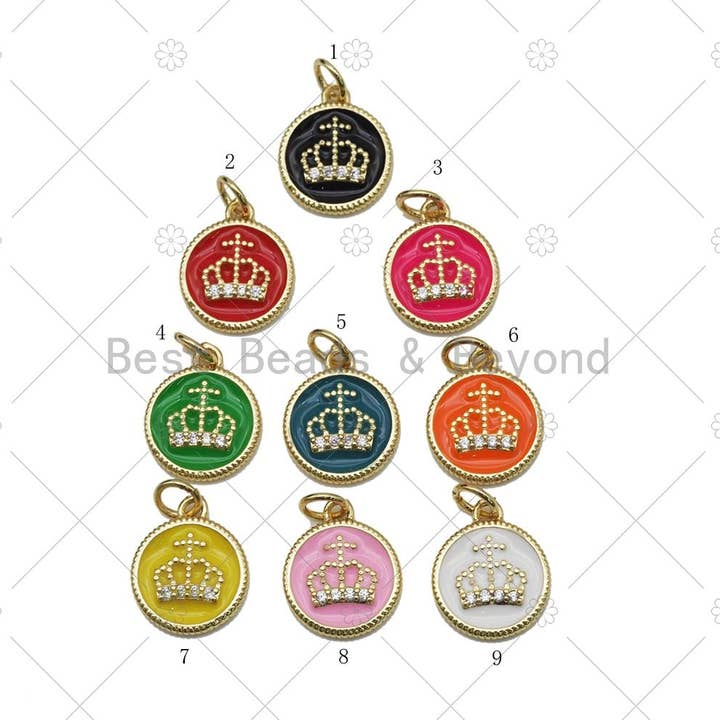 CZ Micro Pave Crown On Colorful Enamel Round Coin Shape Pendant, 18K Gold Filled Crownl Charm, Necklace Bracelet Charm Pendant, Sku#JD20 for wholesale by BestBeads&Beyond