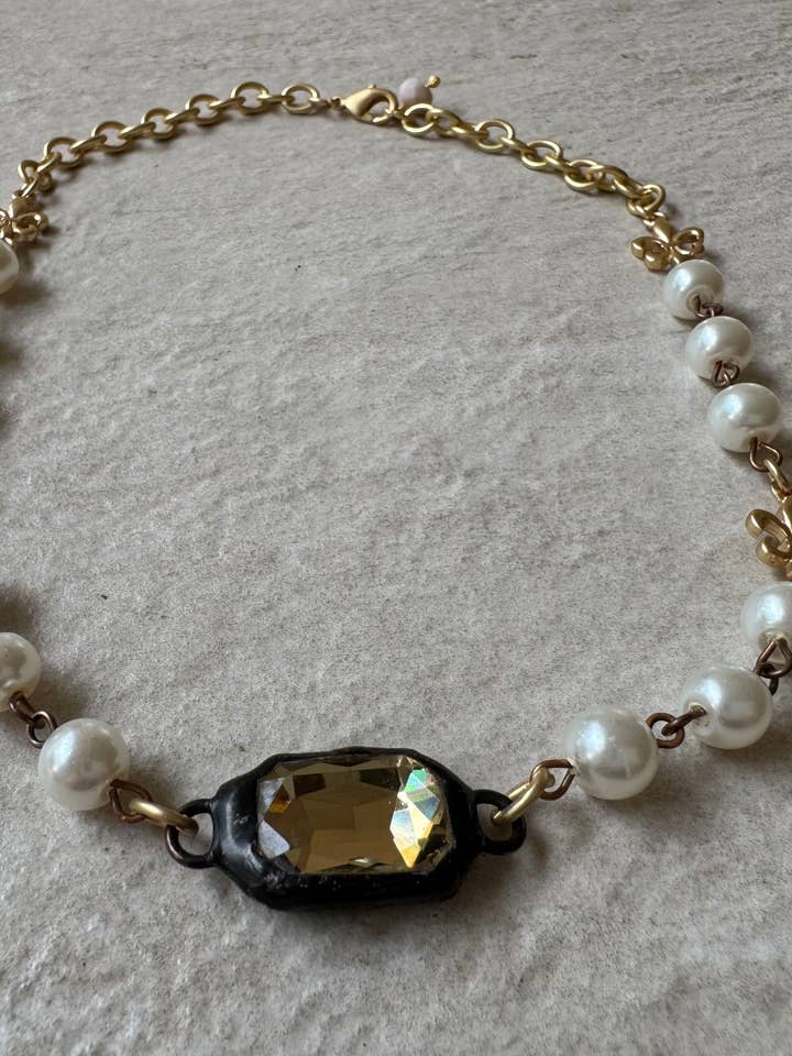 Golden Fleur & Crystal Pearl Necklace for wholesale by Loulu Designs