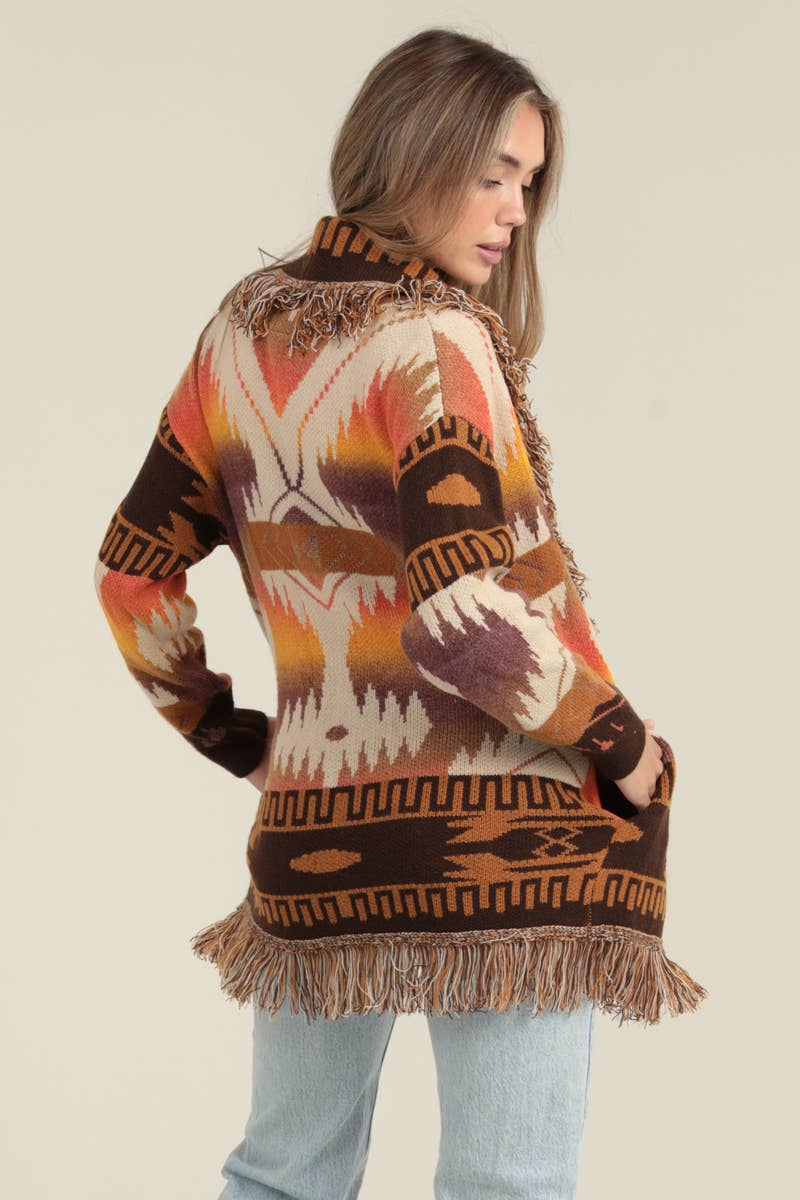 ANGIE - Vendita all'ingrosso Cardigan - Donna - Cardigan con frange e collo a scialle azteco XHS96-ASIS1