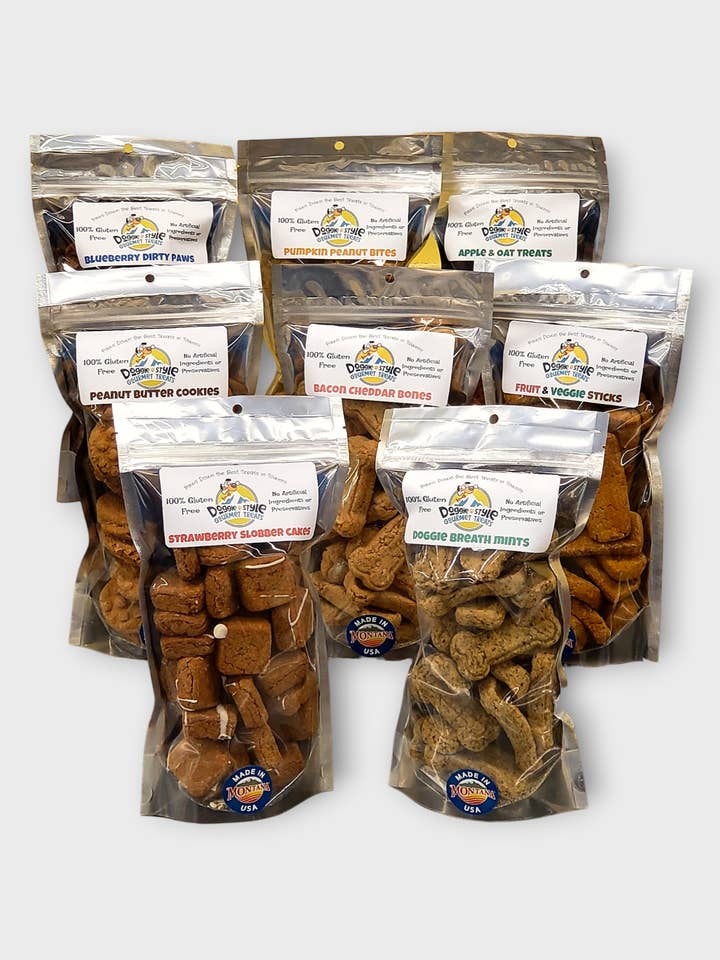 12oz Variety case of all eight flavors for wholesale by DOGGIE STYLE GOURMET TREATS LLC