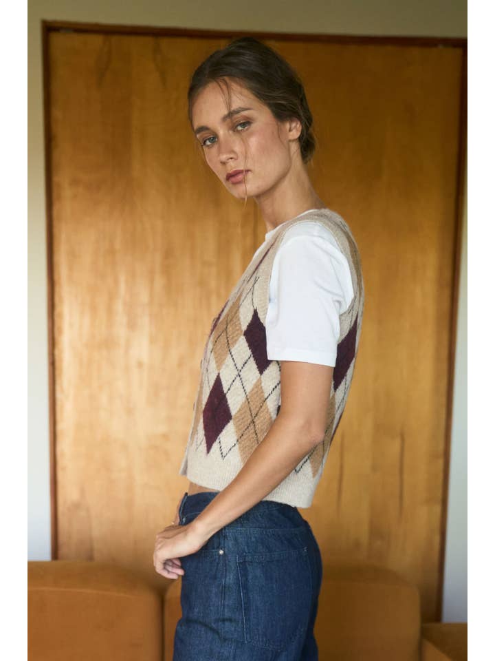 The Workshop Studio - Vente Veste sans manches – femme - GILET EN MAILLE À BOUTONS AVEC MOTIF ARGYLE10