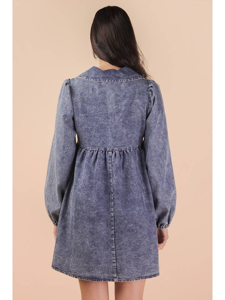 VERY J - Wholesale Dress - Women's - ND31904-Washed Chambray Collared Mini Dress3