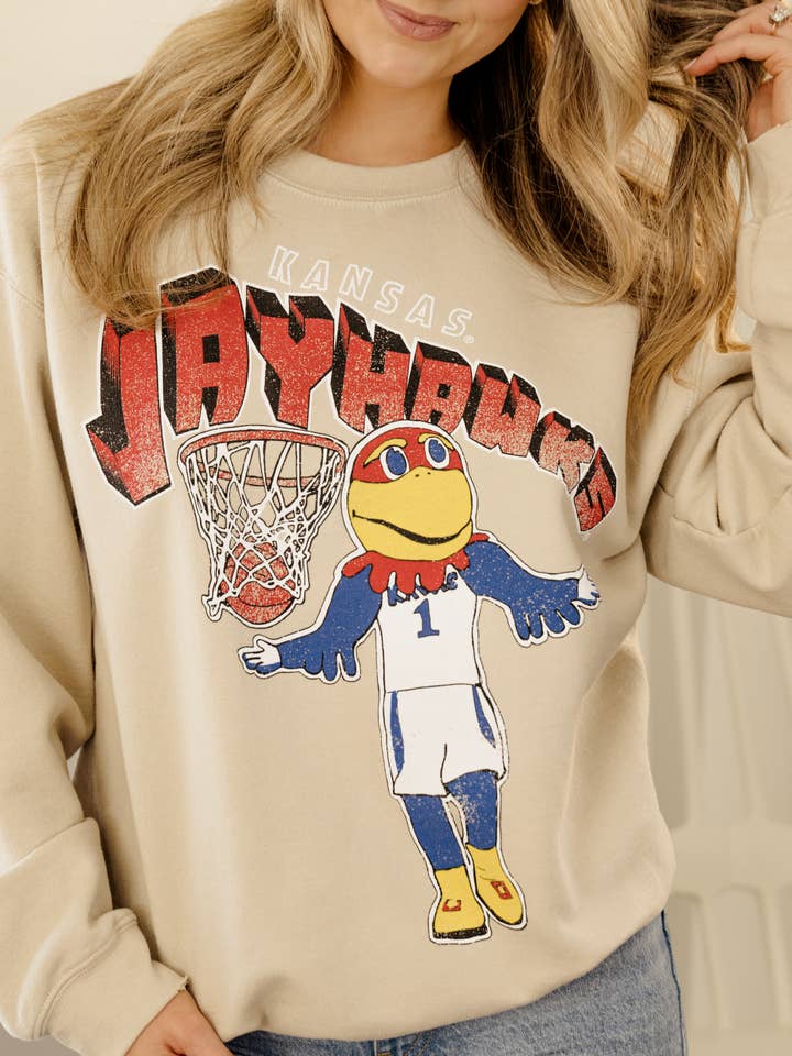 KU Jayhawks Basketball Mascot Dunk Sand Thrifted Sweatshirt for wholesale by LivyLu