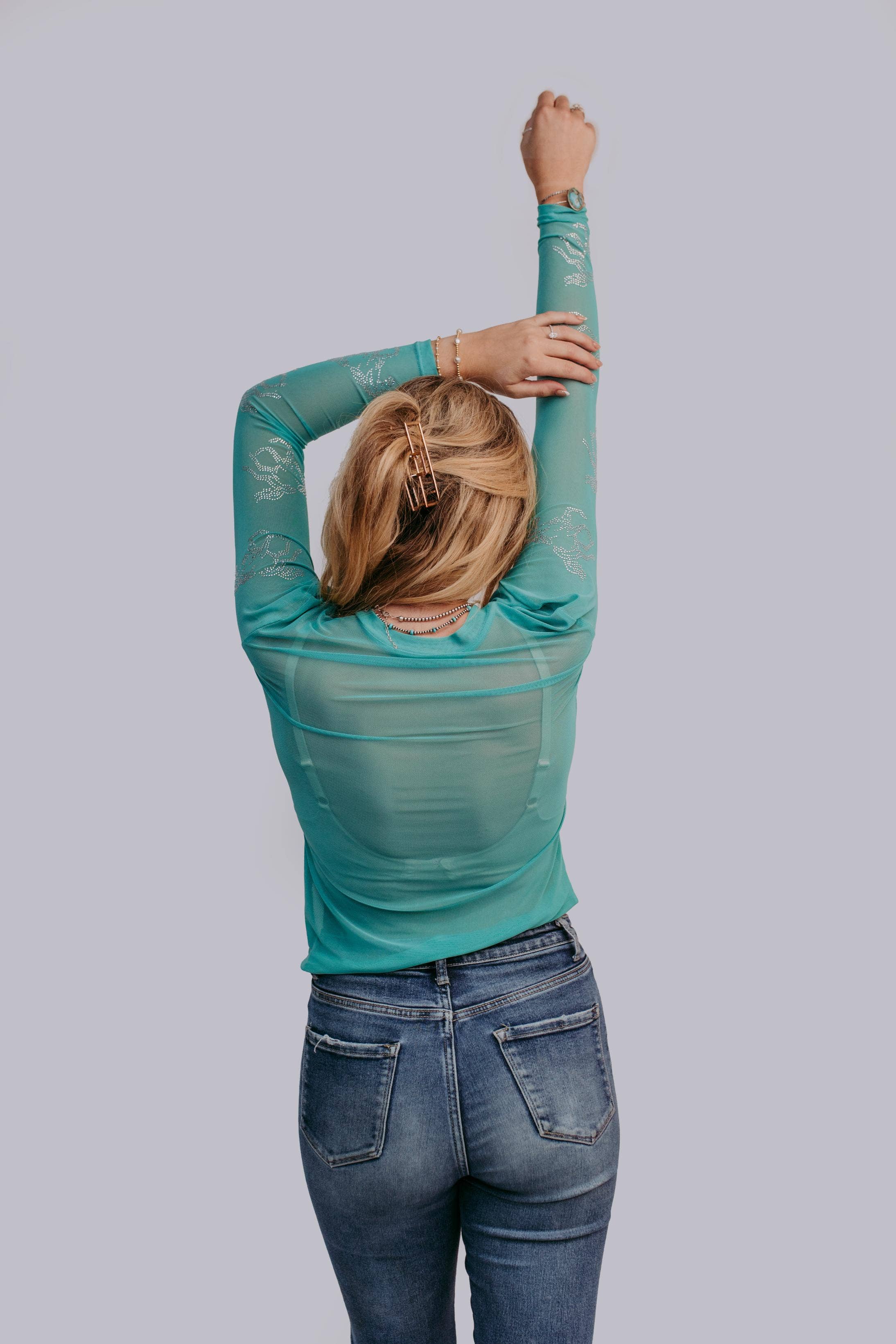 Turkis MK426 Dylan brun Rhinestone Pyntet Mesh LS Top - Turkis for engroshandel på Faire5