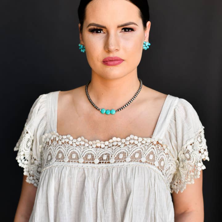 West & Co. - Wholesale Beaded/Pearl Necklace - 16" Faux Navajo Pearl Necklace With Round Turquoise Beaded A