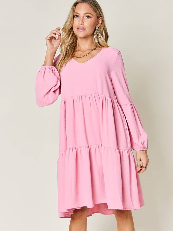 Double Take Full Size V-Neck Balloon Sleeve Tiered Dress with Pockets for wholesale by ClassiQ