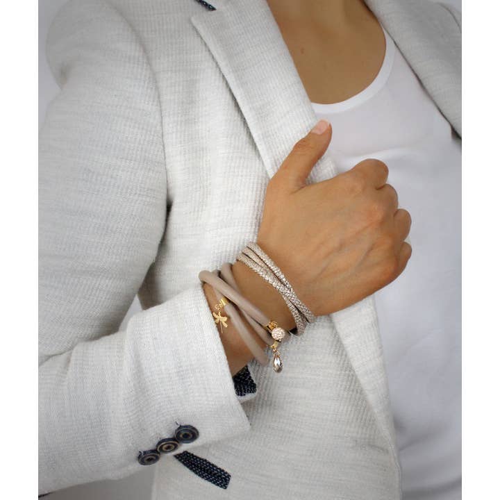 DIGE DESIGNS - Wholesale Charm/Dangle Bracelet - Beige triple wrap leather bracelet with dragonfly and charms2