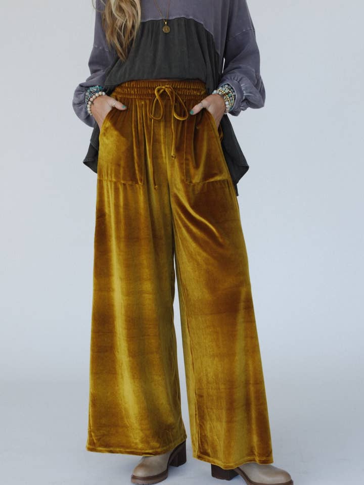 Relaxing Robin Fall Velvet Wide Leg Pant - Marigold for wholesale by Three Bird Nest