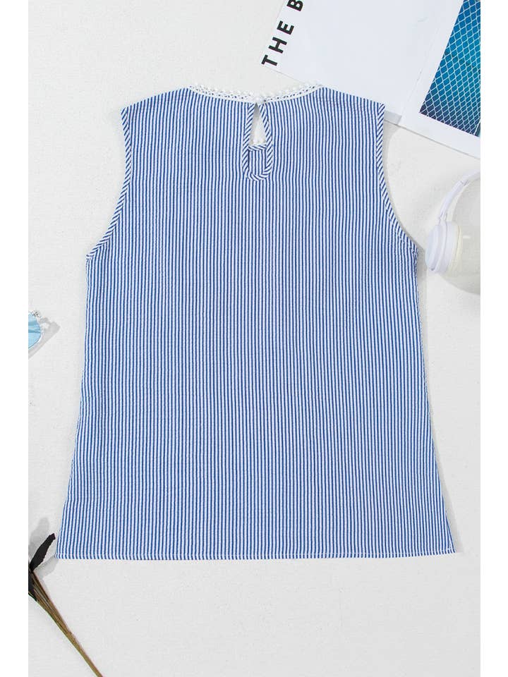 1 the Woman - Wholesale Tank Top - Women's - Stripe Lace Patchwork Crew Neck Tank Top