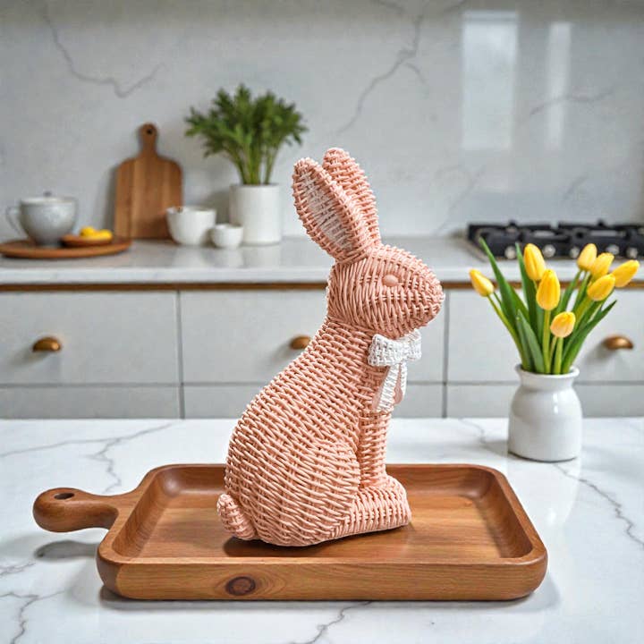 Gia Roma - Wholesale Sculpture - Easter Farmhouse Home Decor, Resin Bunny Figurine Rattan 53