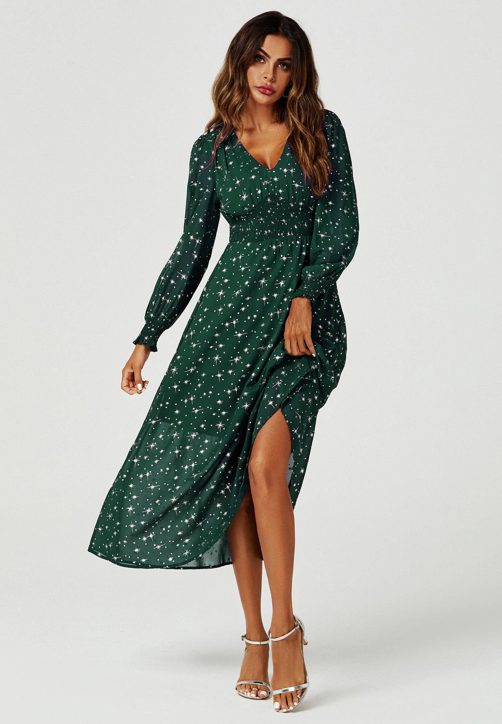 Silver Star Foil Long Sleeve Maxi Dress In Green for wholesale on Faire5