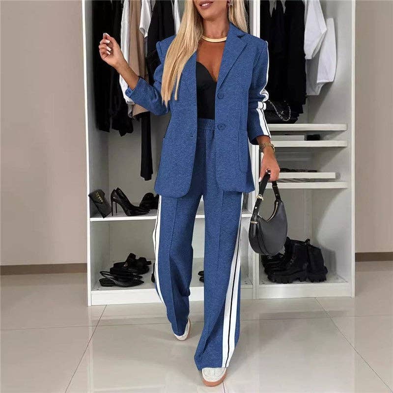 FurDecoration - Vendita all'ingrosso Completo - Donna - Completo casual con blazer a maniche lunghe e pantaloni a blocchi di colore5