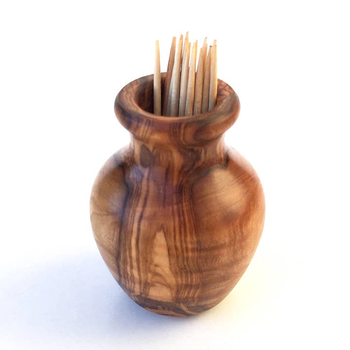 toothpick holder “vase” toothpick dispenser made of olive wood for wholesale by medina mood