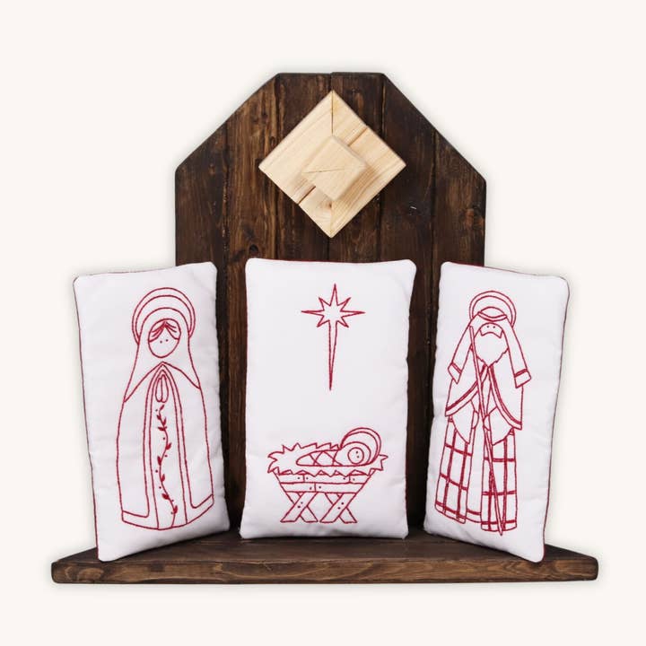 Holy Family Redwork broderikuddesats för wholesale av THE POSY COLLECTION