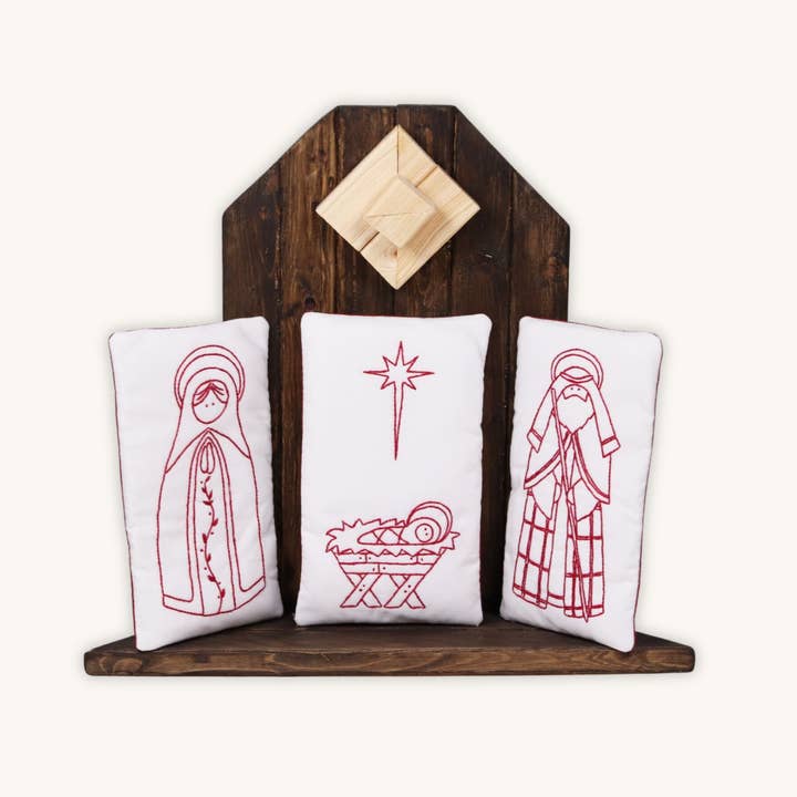 Holy Family Redwork borduurkussenset voor wholesale door THE POSY COLLECTION