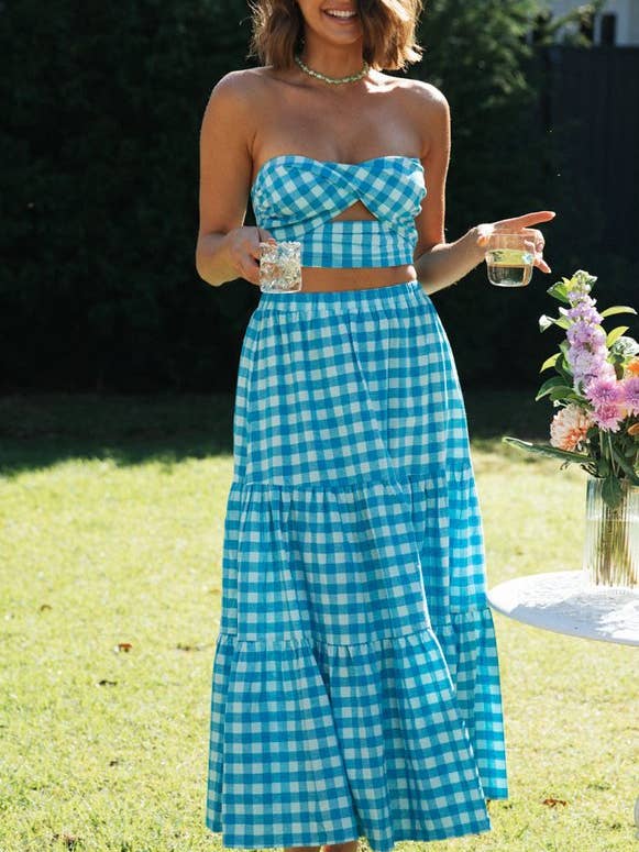 Blue Summer Sexy Plaid Set Hot European US Style for wholesale on Faire2