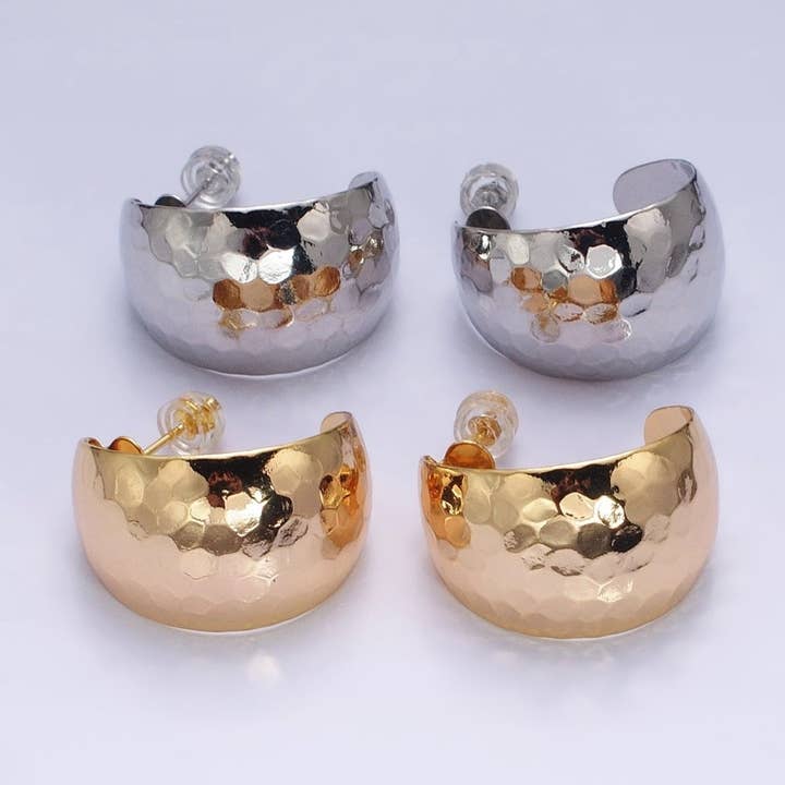 Boucles d'oreilles créoles en forme de C à dôme large multifacetté de 25 mm en or rempli 16K en or et argent | AE023 AE024 pour la vente par Aim Eternal