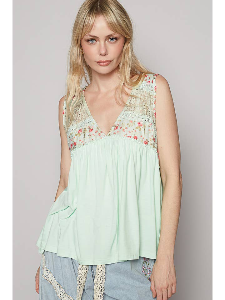 Pol Clothing - Wholesale Knit Top - Women's - V-neck sleeveless floral lace contrast knit top SALE